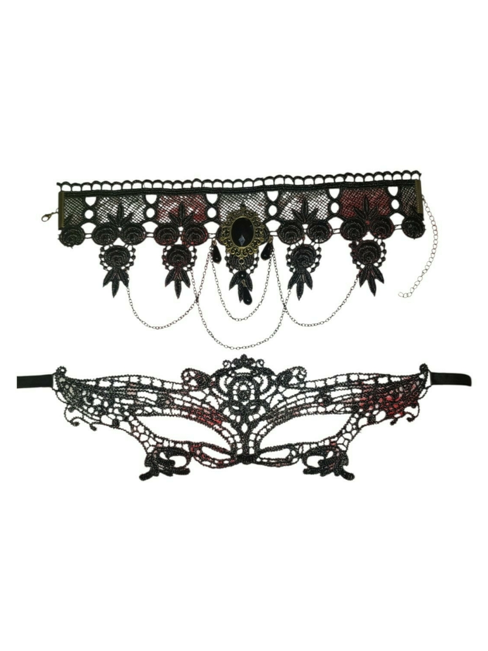 Women black Lace Venetian Mask/Choker Set - Elegant Gothic Costume Accessories.